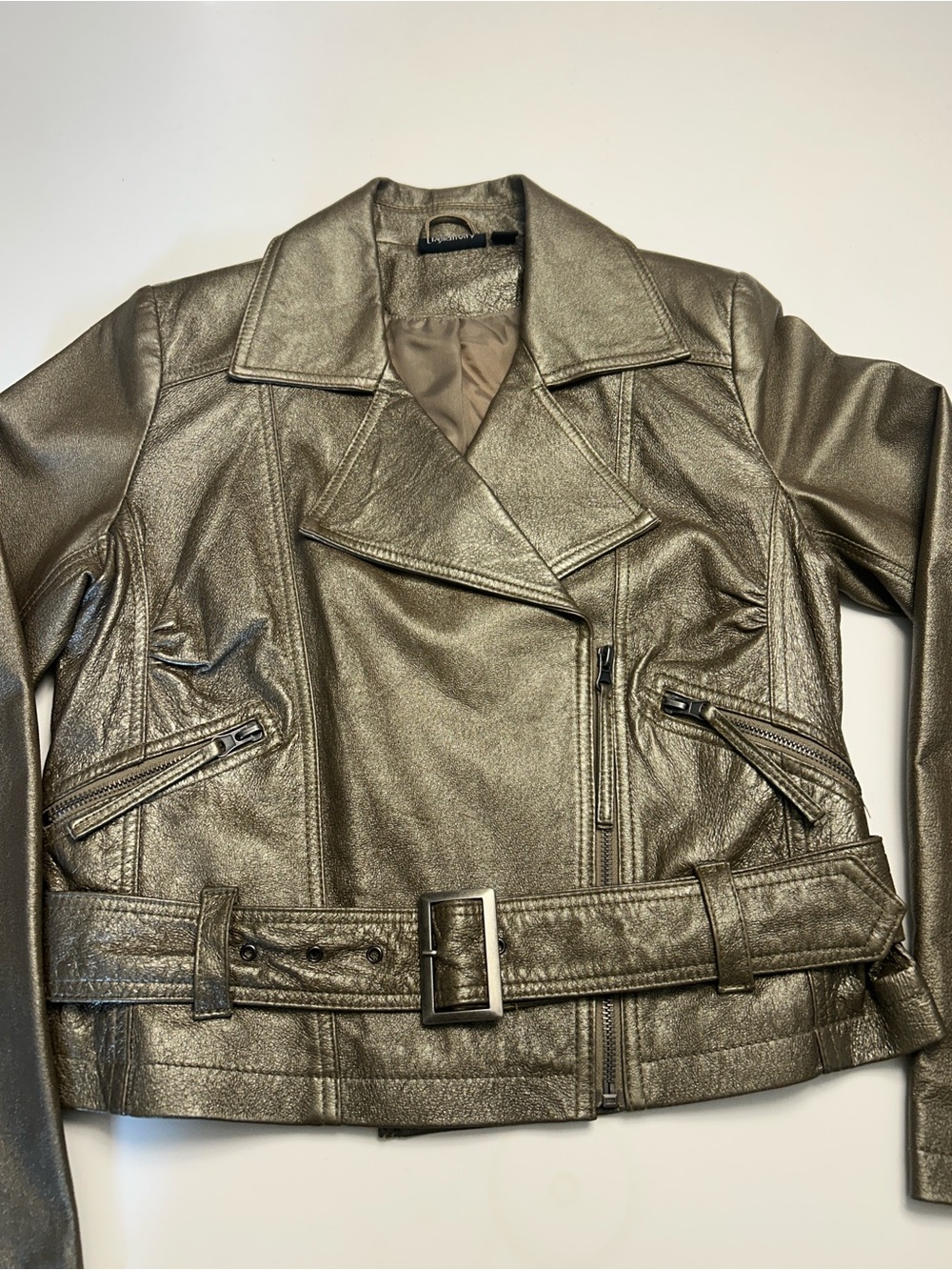 Relativity Metallic Gold Moto Genuine Leather Jacket with Belt Women S